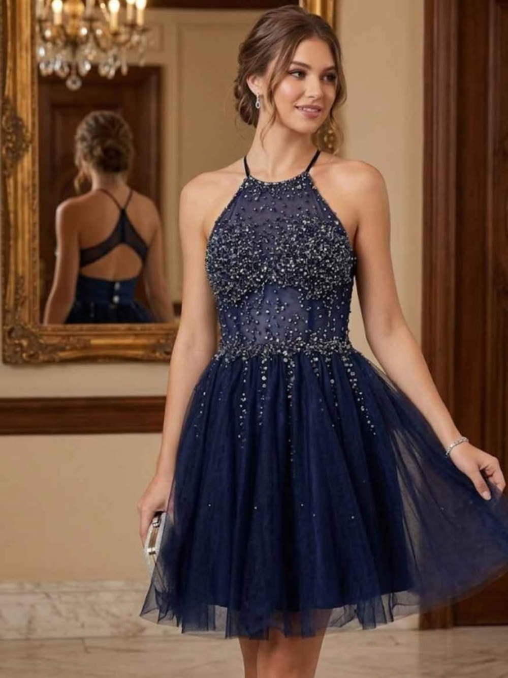 & Other Stories Navy Beaded Halter Tulle Dress